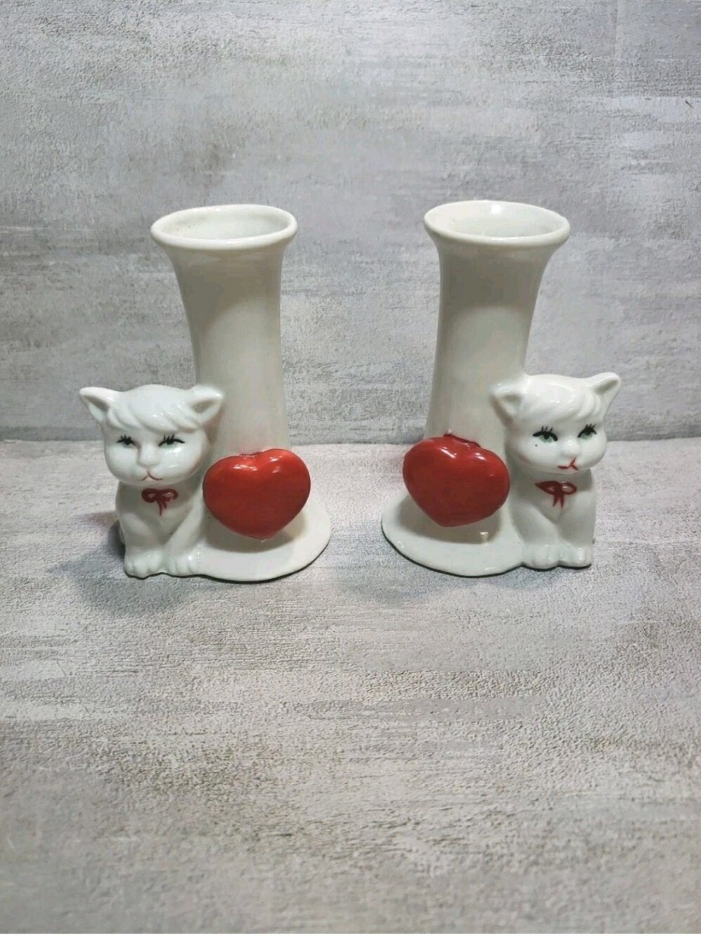 Pair Of Vintage Cat Heart Bud Vases